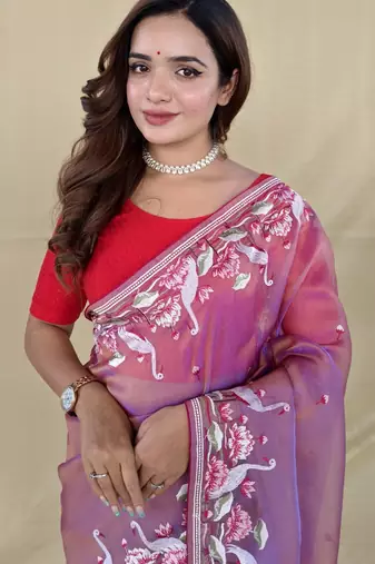 Pink embroiedery work two tone silk saree