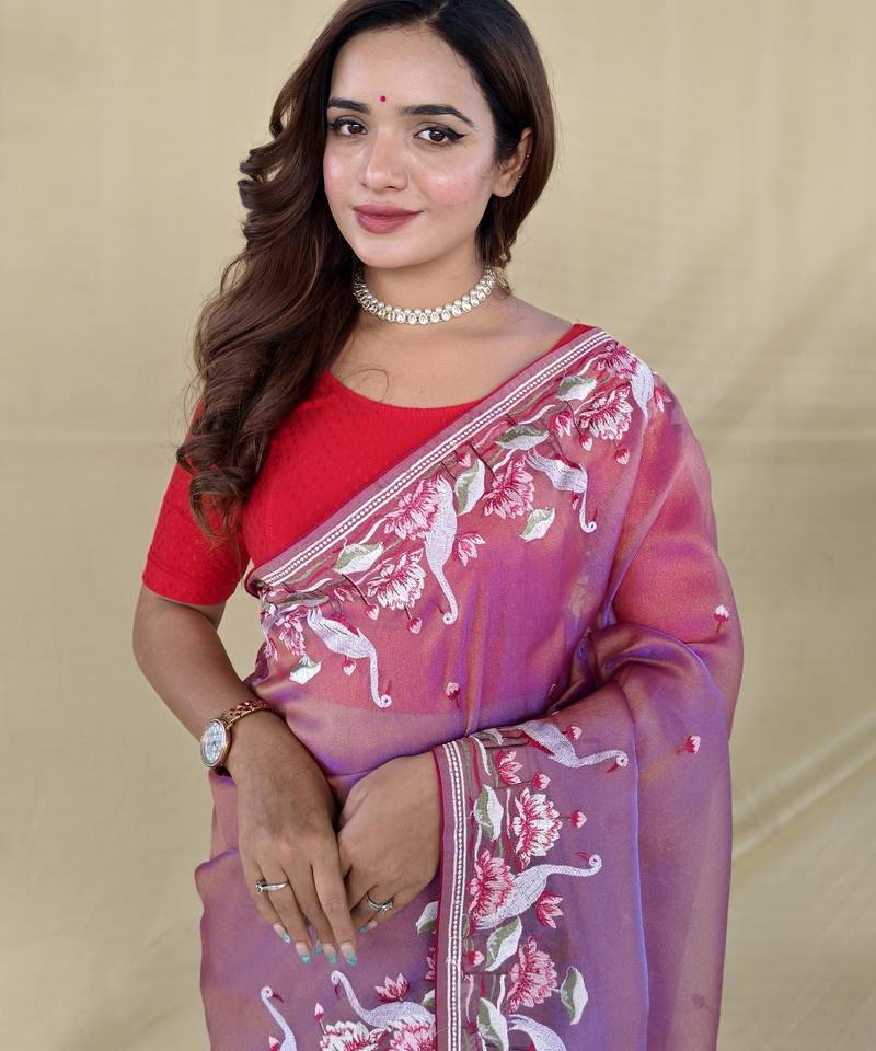Pink embroiedery work two tone silk saree