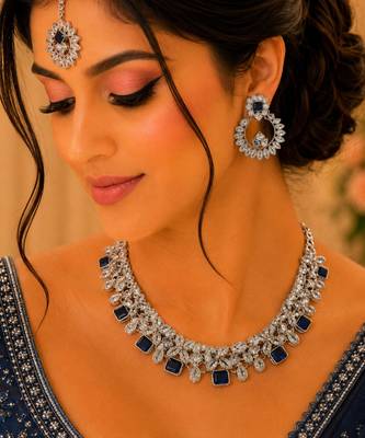 Blue rhodium-plated agate stone necklace set with earrings & maang tikka 1
