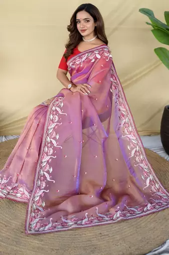 Pink embroiedery work two tone silk saree