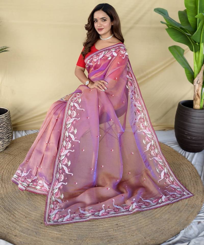 Pink embroiedery work two tone silk saree