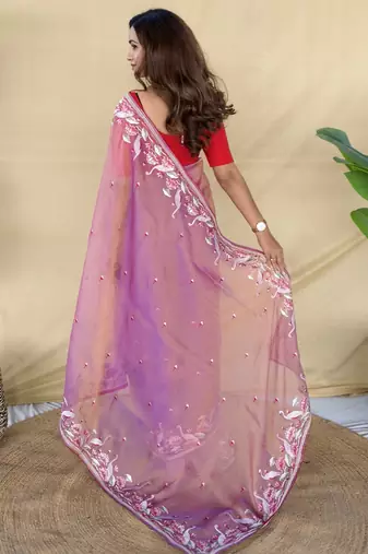Pink embroiedery work two tone silk saree