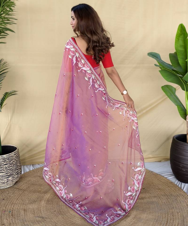 Pink embroiedery work two tone silk saree