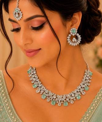 Pista rhodium-plated agate stone necklace set with earrings & maang tikka 1