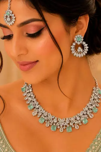 Pista rhodium-plated agate stone necklace set with earrings & maang tikka