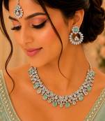 Pista rhodium-plated agate stone necklace set with earrings & maang tikka