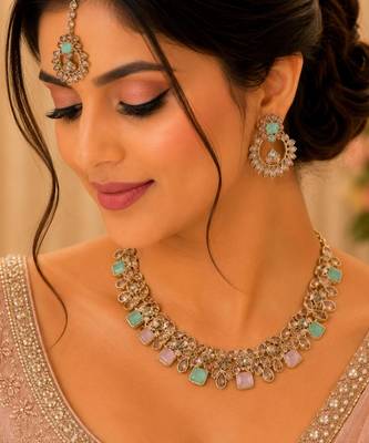 Pink & pista color necklace set with earrings and maang tikka     agate stone, antique gold plating 1