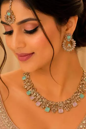 Pink & pista color necklace set with earrings and maang tikka     agate stone, antique gold plating