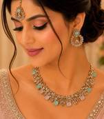Pink & pista color necklace set with earrings and maang tikka     agate stone, antique gold plating