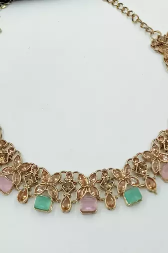 Pink & pista color necklace set with earrings and maang tikka     agate stone, antique gold plating