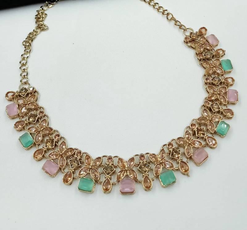 Pink & pista color necklace set with earrings and maang tikka     agate stone, antique gold plating