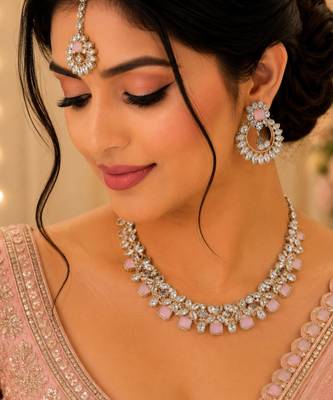 Pink  color necklace set with earrings and maang tikka     agate stone, antique gold plating 1