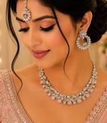 Pink  color necklace set with earrings and maang tikka     agate stone, antique gold plating