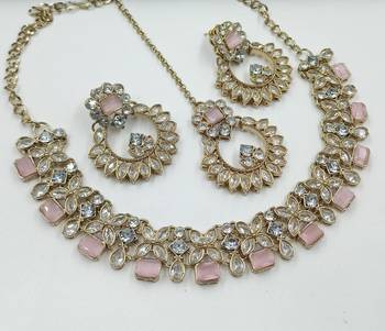Pink  color necklace set with earrings and maang tikka     agate stone, antique gold plating 2