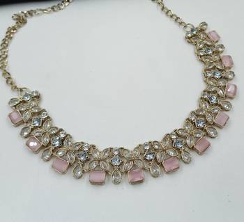Pink  color necklace set with earrings and maang tikka     agate stone, antique gold plating 4