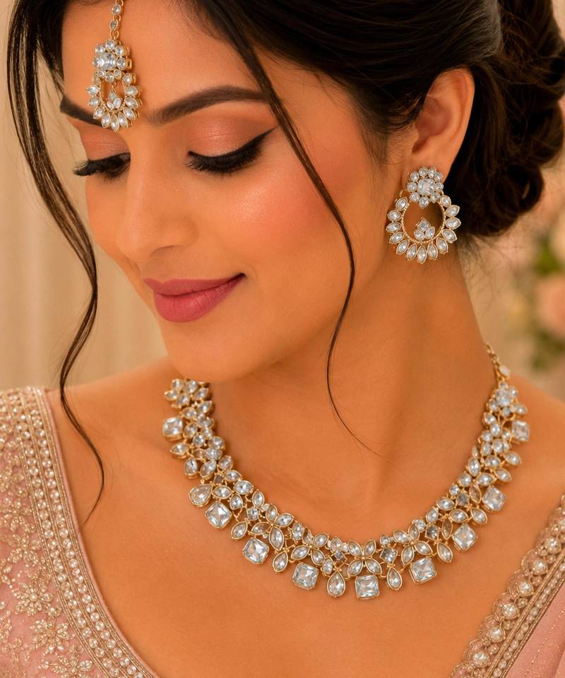 White color necklace set with earrings and maang tikka – agate stone, antique gold plating