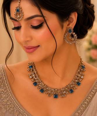 Blue color necklace set with earrings and maang tikka     agate stone, antique gold plating 1