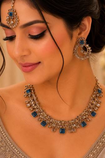 Blue color necklace set with earrings and maang tikka     agate stone, antique gold plating
