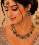 Blue color necklace set with earrings and maang tikka     agate stone, antique gold plating