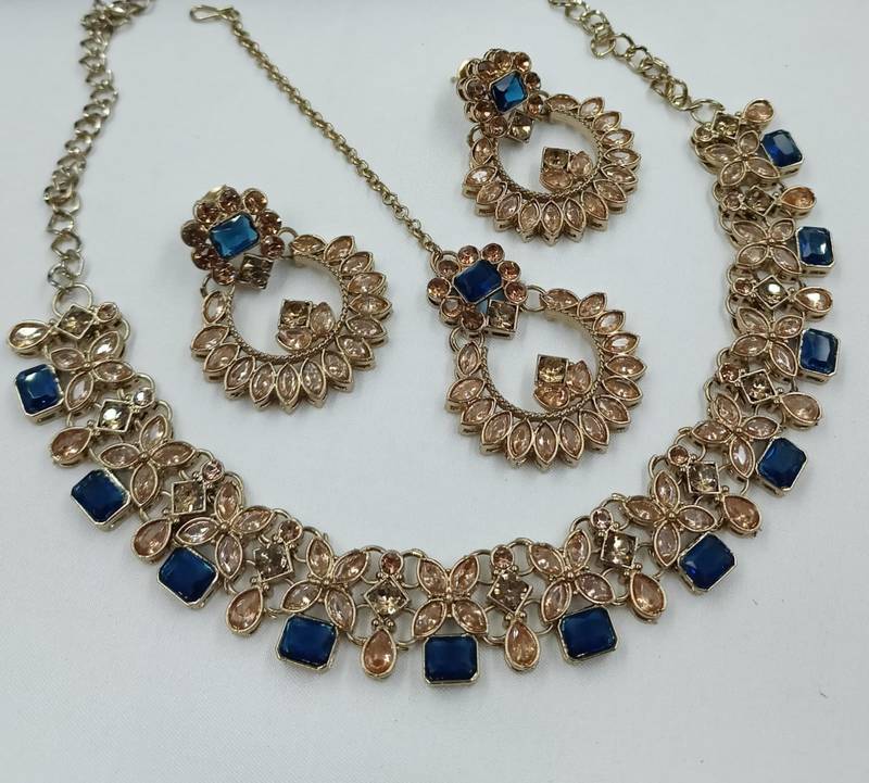 Blue color necklace set with earrings and maang tikka     agate stone, antique gold plating
