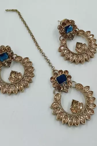 Blue color necklace set with earrings and maang tikka     agate stone, antique gold plating