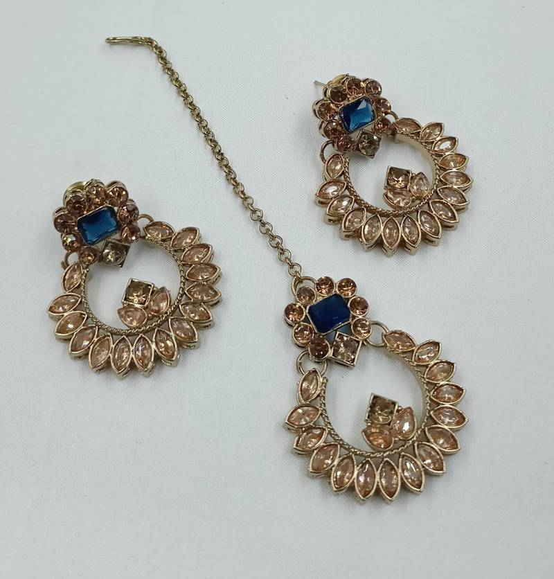 Blue color necklace set with earrings and maang tikka     agate stone, antique gold plating