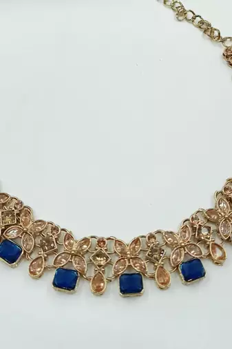 Blue color necklace set with earrings and maang tikka     agate stone, antique gold plating