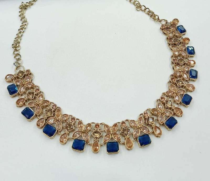 Blue color necklace set with earrings and maang tikka     agate stone, antique gold plating