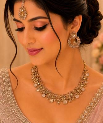 gold color necklace set with earrings and maang tikka     agate stone, antique gold plating 1