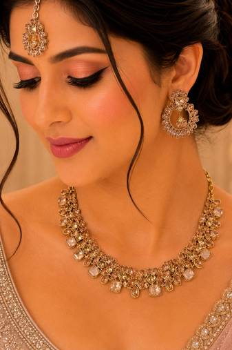 gold color necklace set with earrings and maang tikka     agate stone, antique gold plating