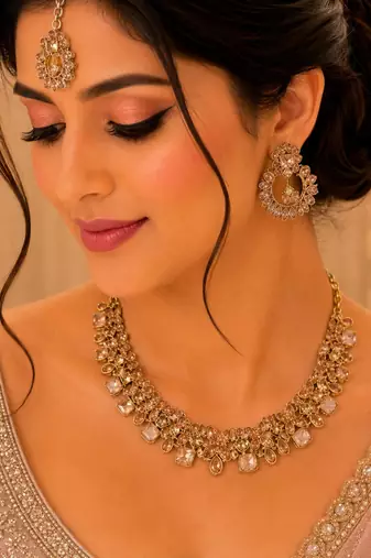 gold color necklace set with earrings and maang tikka     agate stone, antique gold plating