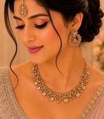 gold color necklace set with earrings and maang tikka     agate stone, antique gold plating