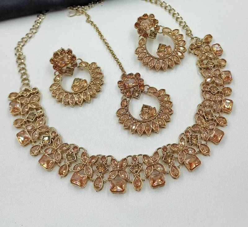gold color necklace set with earrings and maang tikka     agate stone, antique gold plating