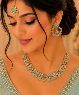 Pista color necklace set with earrings and maang tikka     agate stone, antique gold plating 1