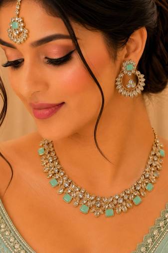 Pista color necklace set with earrings and maang tikka     agate stone, antique gold plating