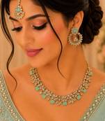 Pista color necklace set with earrings and maang tikka     agate stone, antique gold plating