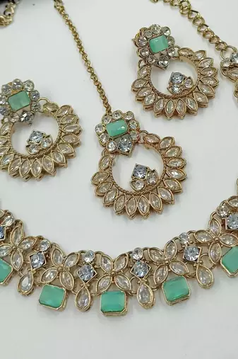 Pista color necklace set with earrings and maang tikka     agate stone, antique gold plating
