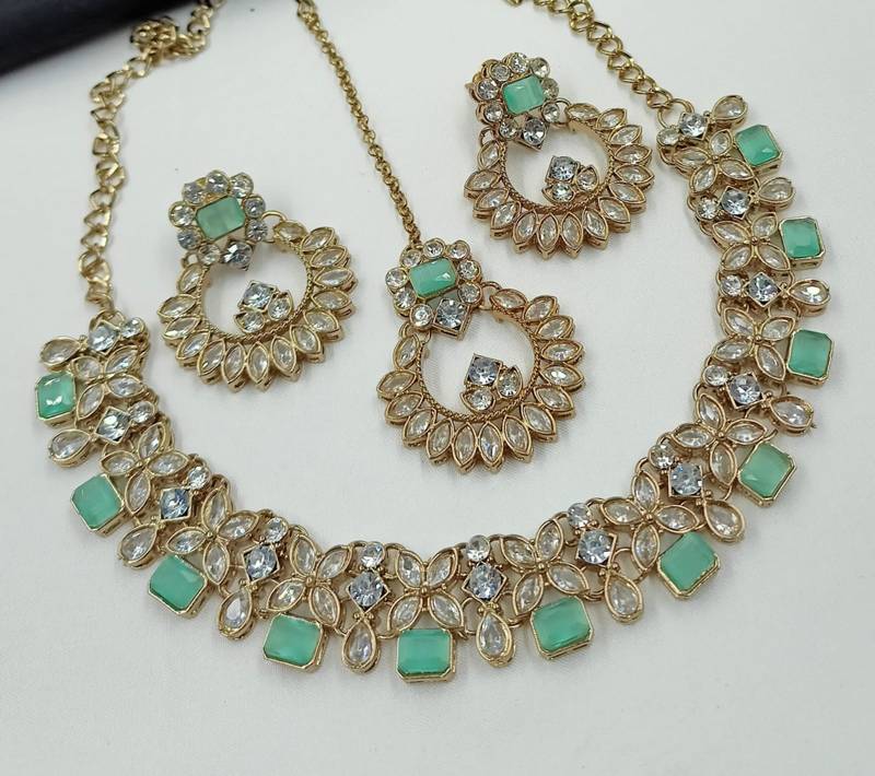 Pista color necklace set with earrings and maang tikka     agate stone, antique gold plating