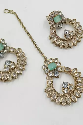 Pista color necklace set with earrings and maang tikka     agate stone, antique gold plating