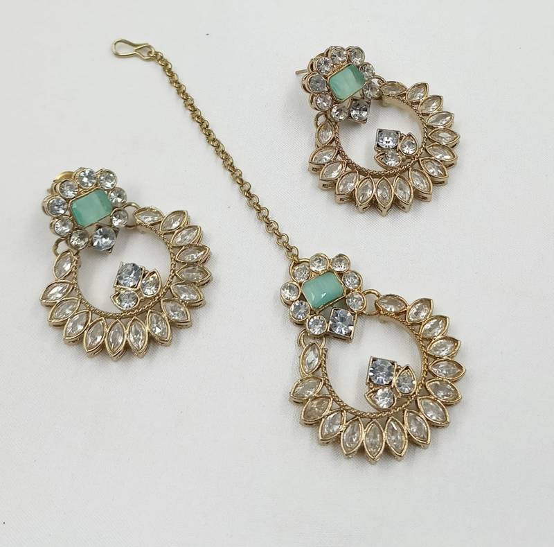 Pista color necklace set with earrings and maang tikka     agate stone, antique gold plating