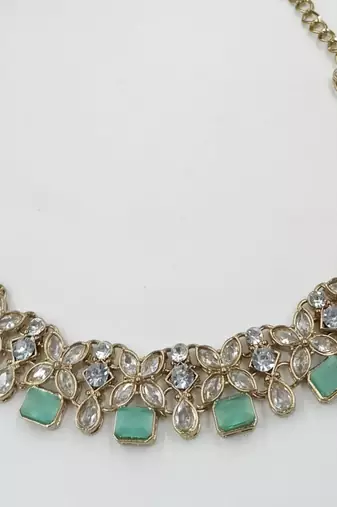 Pista color necklace set with earrings and maang tikka     agate stone, antique gold plating