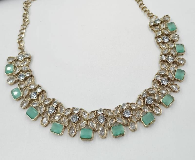 Pista color necklace set with earrings and maang tikka     agate stone, antique gold plating