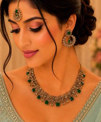 Green color necklace set with earrings and maang tikka     agate stone, antique gold plating 1