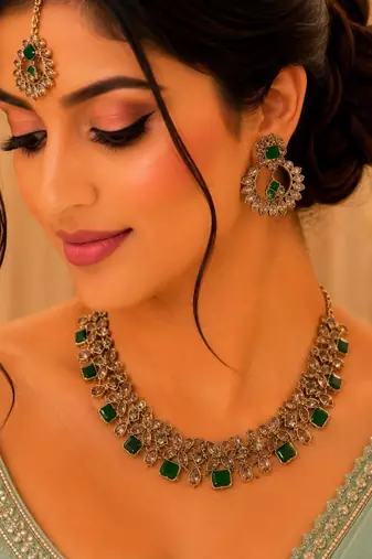 Green color necklace set with earrings and maang tikka     agate stone, antique gold plating
