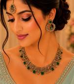 Green color necklace set with earrings and maang tikka     agate stone, antique gold plating