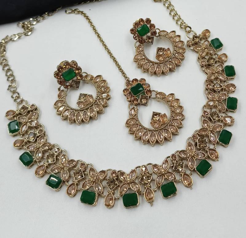 Green color necklace set with earrings and maang tikka     agate stone, antique gold plating