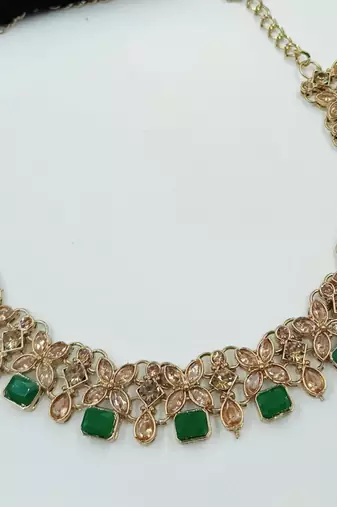 Green color necklace set with earrings and maang tikka     agate stone, antique gold plating