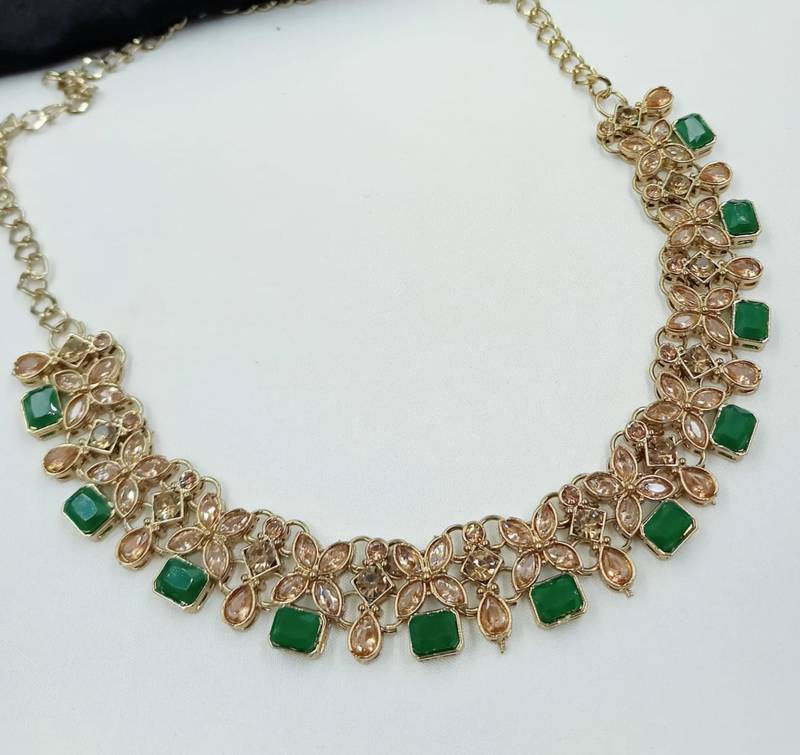 Green color necklace set with earrings and maang tikka     agate stone, antique gold plating