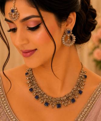 Purple color necklace set with earrings and maang tikka     agate stone, antique gold plating 1