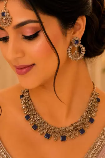 Purple color necklace set with earrings and maang tikka     agate stone, antique gold plating
